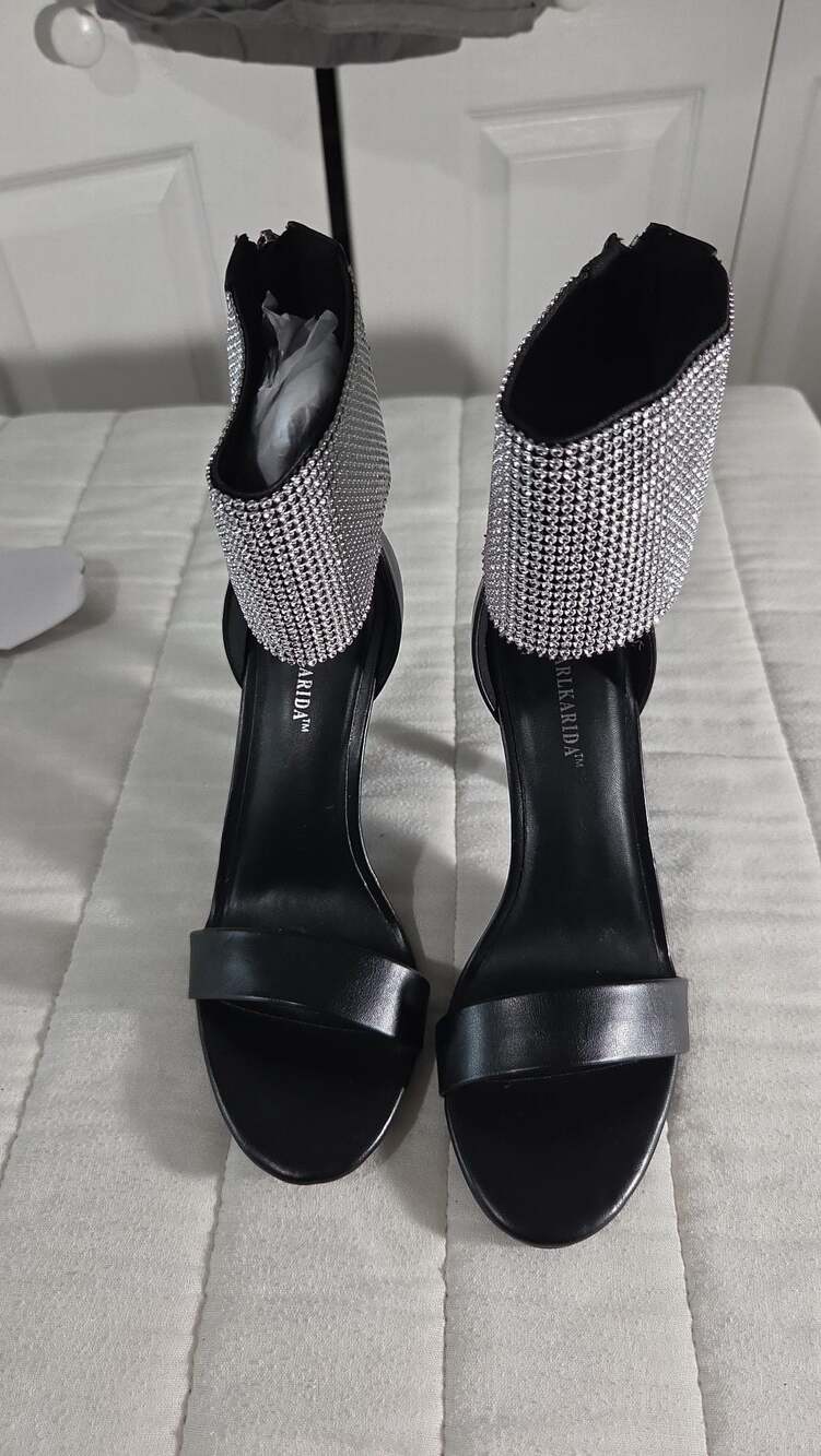 CARLKARIDA Black Rhinestone Cuff Ankle Strap Stiletto High Heel Sandals